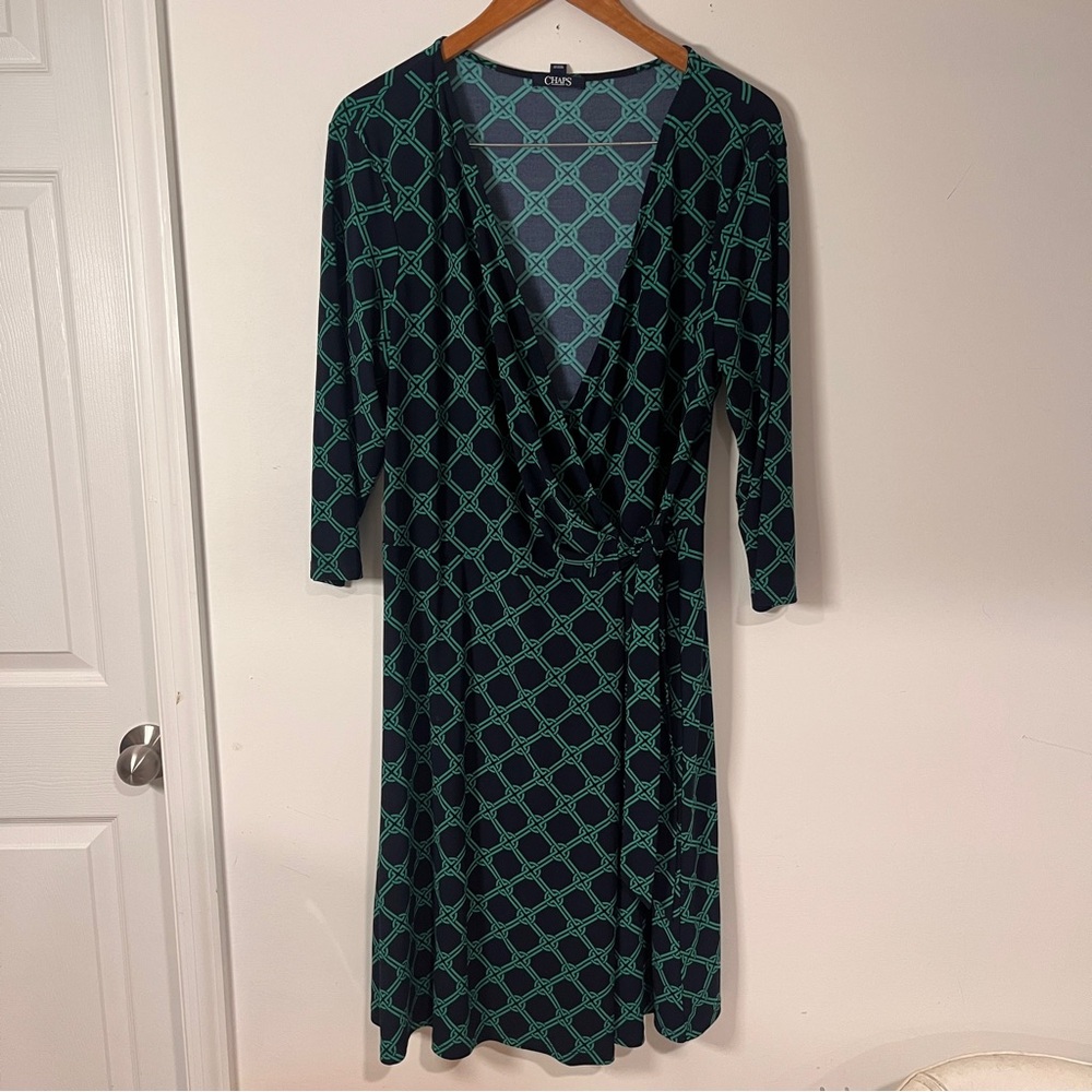 Chaps Ralph Lauren geometric navy blue/green wrap dress. Size XL
